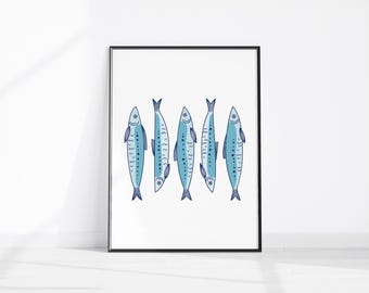 Plakat z sardynkami, wydruk z sardynkami, wydruki kuchenne, wydruk z rybami, plakat z niebieskimi sardynkami, wystrój z rybami w stylu retro, pobierz grafikę ścienną z sardynkami