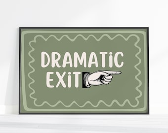 Divertida salida dramática en pasillo, estampado verde salvia, póster retro para imprimir en pared, arte de pared de mediados de siglo, lámina decorativa pintada a mano para pared.