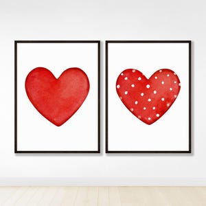Red Hearts Preppy Printable Posters, Retro Watercolor Hearts Prints, Trendy Room Decor, Red Love Heart Gallery Print Set of 2, Above Bed Art