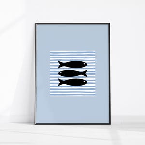 Sardine Print, Kitchen Wall Art, Fish Print, Retro Kitchen Decor, Blue Stripe Print, Seafood Wall Art, Minimalist Printable Sardine Poster
