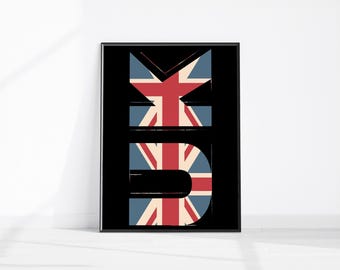 Britse muurafdruk, Verenigd Koninkrijk, Groot-Brittannië, typografieposter Britse Union Jack, trendy Union Jack-vlagkunst, patriottische muurkunst Engeland