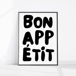 Bon Appetitポスター、ミッドセンチュリータイポグラフィの印刷可能なアート、フランス料理の名言ポスター、白黒キッチンウォールアート、マキシマリストキッチンプリント