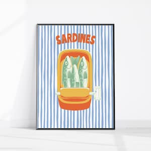 Tinned Sardines Print, Sardines Art Gift, Kitchen Poster, Sardine Tin Art, Retro Food Art, Trendy Blue Stripe Sardine Decor, Fish Wall Art
