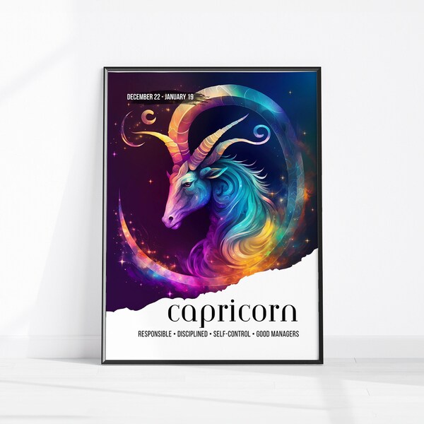 Capricorn Birthday Gift, Capricorn Star Sign Print, Zodiac Printable Wall Art, Spiritual Poster, Zodiac Instant Download, Home Décor Artwork