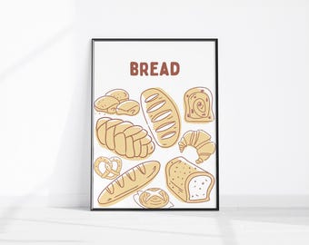Handritat brödkonstverk, baguettekonst, illustrerad matväggkonst, trendig bageriposter, utskrivbar surdegsbröd, köksväggdekor