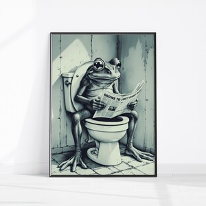 Retro FROG Sitting on the Toilet Reading a Newspaper Funny Bathroom Wall Decor Funny Animal Print Home Printables Digital Download Wall Art
