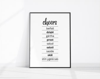 Cheers Sign, Bar Cart Décor, Cheers in Different Languages Printable Art, Bat cart Prints Party Décor, Kitchen Wall Art Cheers Digital Print