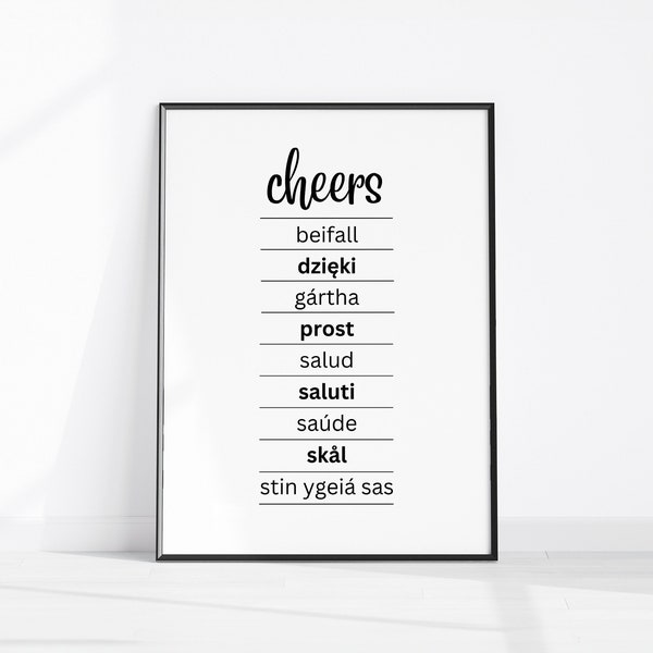 Cheers Sign, Bar Cart Décor, Cheers in Different Languages Printable Art, Bat cart Prints Party Décor, Kitchen Wall Art Cheers Digital Print