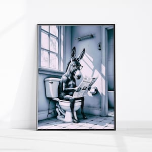 Funny Animal Print, Donkey Sitting on the Toilet Reading a Newspaper, Funny Bathroom Wall Decor, Home Printables, Digital Download Wall Art
