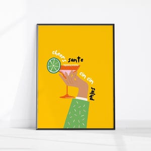 Cheers Print Cocktail Poster Colorido Funky Retro Bar Cart Art Modern Cocktail Wall Art Sante Cin Cin Salud Cheers Print Download digital