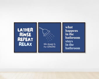 Retro Bathroom Gallery Wall Decor, Aesthetic Bathroom Printables, Funny Quotes Bathroom Wall Art Set of 3 Prints, Navy Blue Bathroom Decor