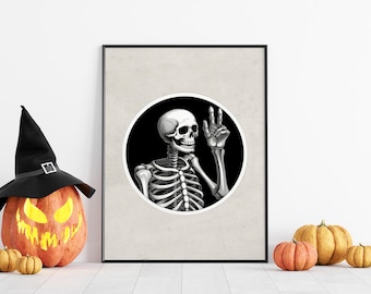 Impresión de arte mural de esqueleto espeluznante, decoración de Halloween, arte imprimible de esqueleto, póster de esqueleto, arte moderno de Halloween, descargas imprimibles para habitación infantil