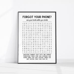 Bathroom Word Search Wall Art, Printable Forgot Your Phone Wall Decor, Funny Bathroom Sign, Word Search Game Art Print, Guest Bathroom Decor