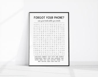Cruciverba da parete per il bagno, decorazione stampabile "Hai dimenticato il telefono?", cartello divertente per il bagno, stampa artistica del gioco di ricerca di parole, decorazione per il bagno degli ospiti.