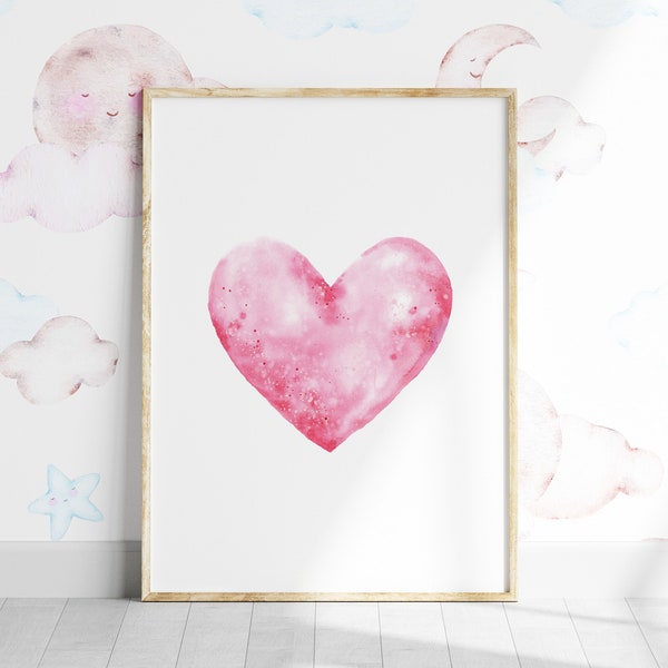 Pink Nursery Décor, Watercolour Heart Printable Wall Art, Love Heart Poster, Bedroom Wall Print, Love Gift Instant Download, Kids Room Décor