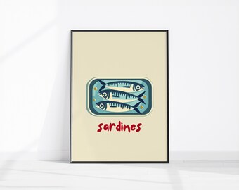 Tinned Sardines Watercolour Painting Print, Gift Sardines, Kitchen Poster Sardine Tin Art, Retro Food Art, Trendy Sardines Tin Printable Art