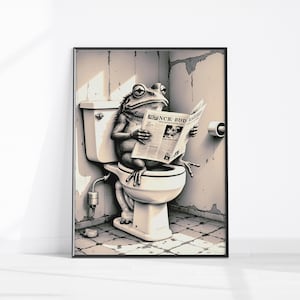 Vintage Bathroom Decor FROG Sitting on the Toilet Reading a Newspaper Funny Bathroom Wall Art Funny Animal Print Digital Download Printable