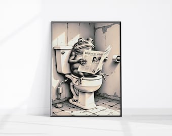 Vintage Bathroom Decor FROG Sitting on the Toilet Reading a Newspaper Funny Bathroom Wall Art Funny Animal Print Digital Download Printable
