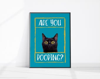 Impresión "¿Estás haciendo caca?", decoración de baño imprimible de gatos, póster divertido para baño, arte de pared para decoración de baño, arte divertido de gato negro "¿Estás haciendo caca?"