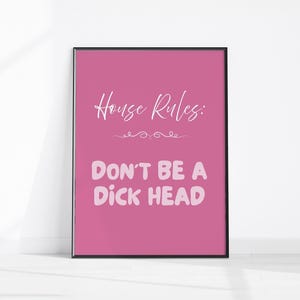 May include: A framed pink poster with the text "House Rules: Don't Be A Dick Head" in white. The poster is displayed against a white wall.