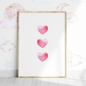 Watercolour Hearts Print, Printable Wall Art, Pink Nursery Décor Love Heart Poster, Bedroom Art, Love Gift Instant Download, Kids Room Décor