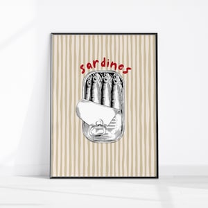 Sardines Art Print, Retro Kitchen Decor, Food Poster, Fish Wall Art, Canned Fish Illustration, Tinned Sardine Print, Sardine Tin Stripe Art