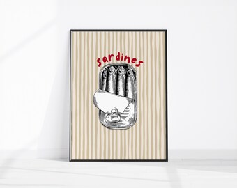 Lámina de sardinas, decoración de cocina retro, póster gastronómico, arte mural de pescado, ilustración de pescado enlatado, lámina de sardinas enlatadas, arte de rayas de lata de sardinas