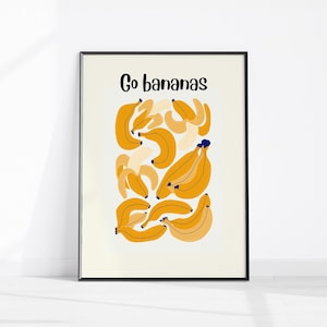 Go Bananas Poster, Banana Printable Wall Art, Yellow Fruit Print, Fun Retro Dining Room Decor, Trendy Food Poster, Modern Kitchen Wall Decor