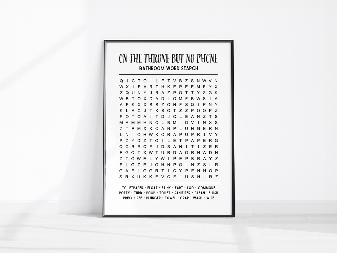 On the Throne but No Phone, Bathroom Word Search Riddles Toilet Print ...