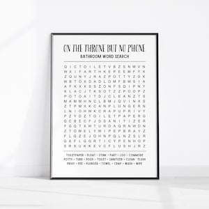 On The Throne But No Phone, Bathroom Word Search Riddles Toilet Print, Funny Toilet Sign, Bathroom Decor Printable Wall Art, Restroom Poster