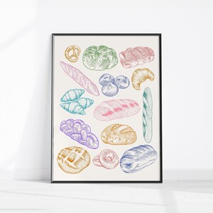 May include: A colorful illustration of various baked goods, including bread, rolls, and pastries. The illustration is done in a vintage style with a hand-drawn aesthetic.