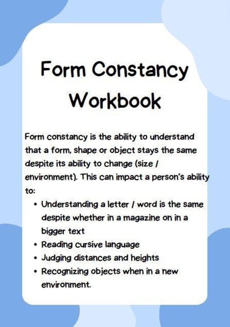 Visual perception workbook form constancy etsy