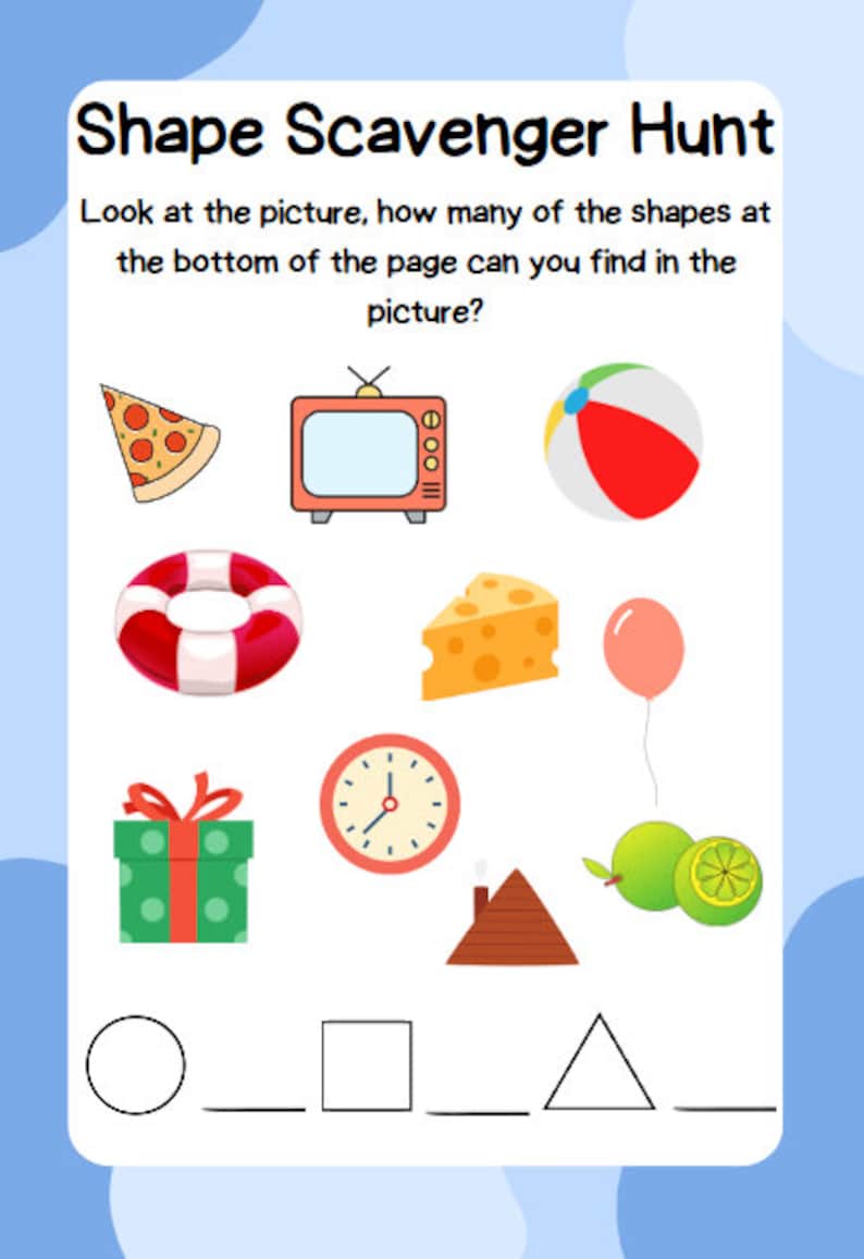 May include: A worksheet for kids to practice identifying shapes. The worksheet shows a variety of images and asks the child to count how many of each shape are present. The shapes are a circle, square, and triangle.