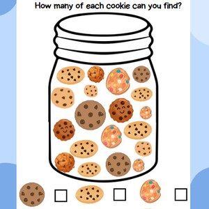May include: A printable worksheet with a jar full of different cookies. The worksheet asks "How many of each cookie can you find?" and has a section to count the number of each type of cookie.
