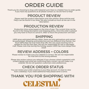 K&ouml;nnte beinhalten: Bestellanleitung f&uuml;r den Shop Celestial Lyric mit Informationen zu Produktbewertungen, Produktionszeit, Versand, &Uuml;berpr&uuml;fung der Adresse und Farben, Bestellstatus und einer Dankesnachricht.