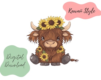 Kawaii HIghland Cow with Sunflowers, Highland Cow Clipart,Highland Cow with Sunflowers Clip Art,HIghland Cow with Sunflowers Graphic,Digital