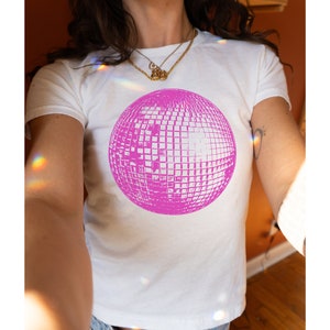 Pink Disco Ball Baby Tee, 90&#39;s Mirror Ball Tee, Women&#39;s Fitted Tee, Unisex Shirt, Y2K Clothing, Trendy Top, Retro Shirt, Y2K 90s Baby Tee