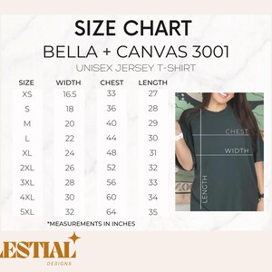 May include: Size chart for Bella + Canvas 3001 unisex jersey t-shirts. The chart shows measurements in inches for width, chest, and length for sizes XS to 5XL.