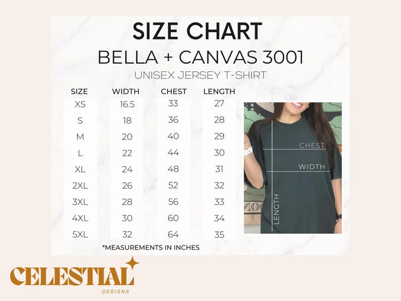 May include: Size chart for Bella + Canvas 3001 unisex jersey t-shirts. The chart shows measurements in inches for width, chest, and length for sizes XS to 5XL.