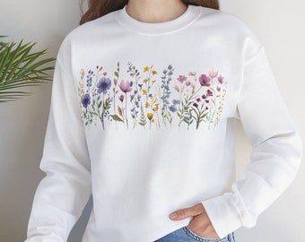 Sudadera de flores silvestres, sudadera boho, sudadera de flores prensadas, camiseta gráfica vintage, jersey floral, flores botánicas, camiseta floral
