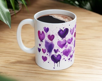 Drip Violet Purple Hearts Mug.  Valentine Day Love,  Perfect for Friend, Family, Sweetheart Gift,  Gift for Her