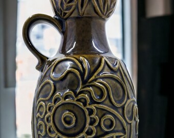 Bay Keramik Bodo Mans Handled Vase 73-20 Flower Motifs in Embossed Relief Lines. West German Pottery 1960s.