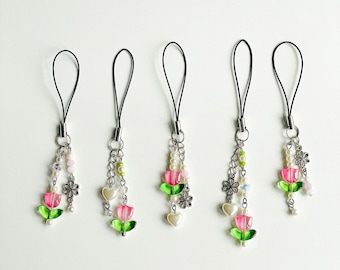 Tulip beads Phone charm hanging, keychain lanyard, spring bag charms, cute phone accessories