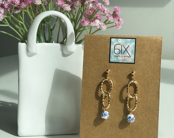 Blue Porcelain Floral Dainty Earrings, Minimal Jewelry for everyday fashion, Fashion Accessories