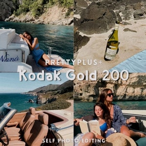 May include: A collage of images featuring a woman on a boat, a bottle of wine on a rocky beach, and two women reading a book on a boat. The text "Pretty Plus + Kodak Gold 200" is superimposed on the images.
