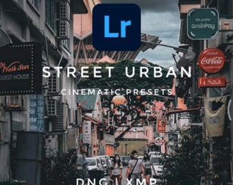 May include: A digital image showcasing a collection of Lightroom presets for photographers. The image features a street scene in a city with colorful lanterns and a sign that reads "STREET URBAN CINEMATIC PRESETS". The image also includes the Adobe Lightroom logo.