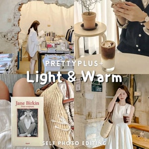 May include: A collage of images featuring a book titled "Jane Birkin Post-scriptum", a straw bag, a coffee shop with a person holding a cup of coffee, and a person reading a book in a bookstore. The text "PRETTYPLUS+ Light & Warm SELF PHOTO EDITING" is displayed on the image.