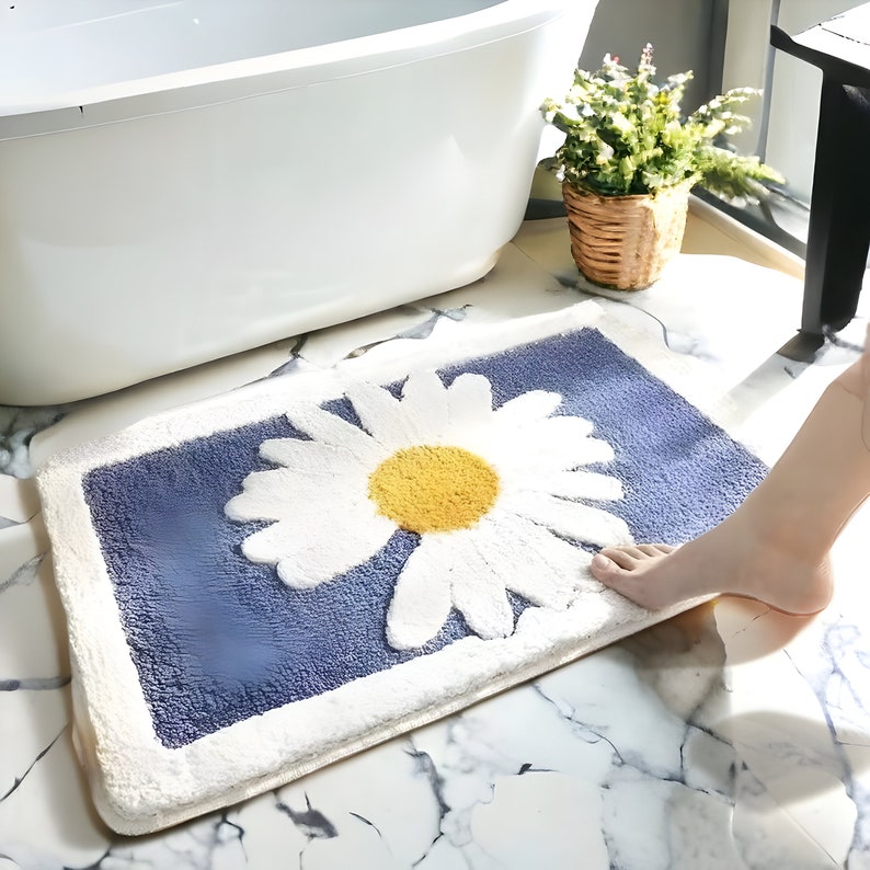 Tufted Cotton Daisy Bath Mat, Anti-slip Flower Bath Mat, Hand Tufted ...
