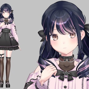May include: An anime-style illustration of a character in a pink and black outfit. The character has dark hair with pink highlights, styled in pigtails with black bows. The outfit includes a dress, stockings, and platform shoes.