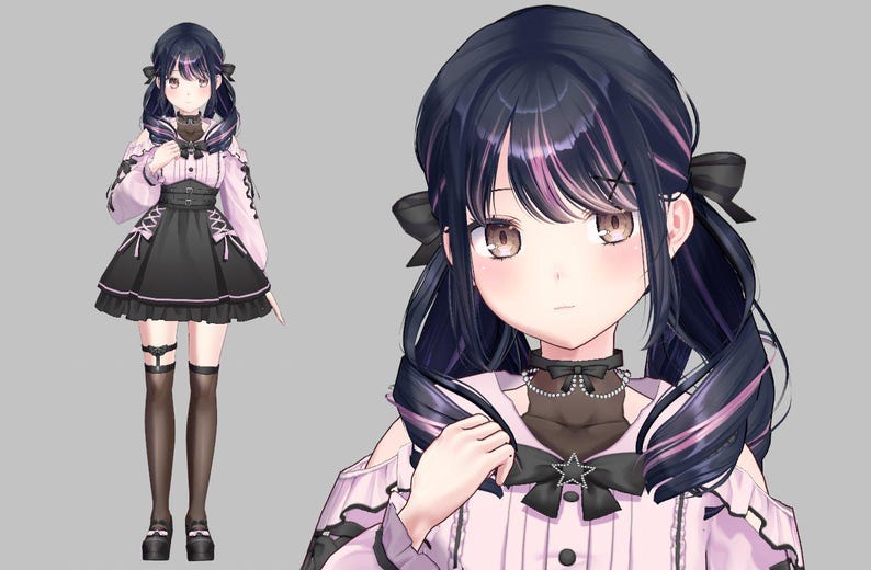 May include: An anime-style illustration of a character in a pink and black outfit. The character has dark hair with pink highlights, styled in pigtails with black bows. The outfit includes a dress, stockings, and platform shoes.